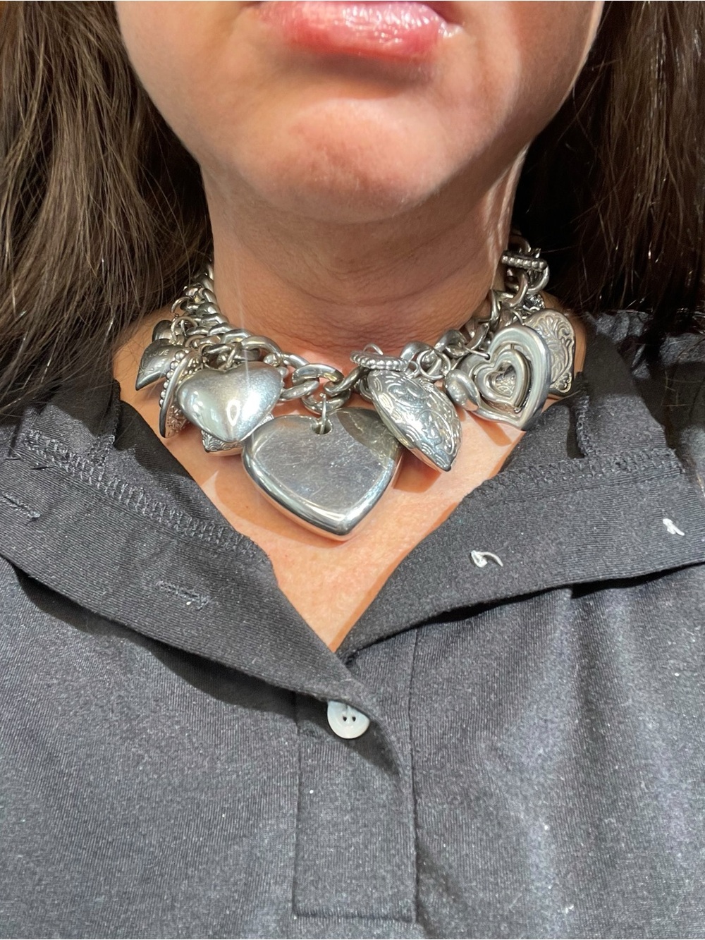Chunky Silver Tone Multi Heart Charm Toggle Statement Necklace